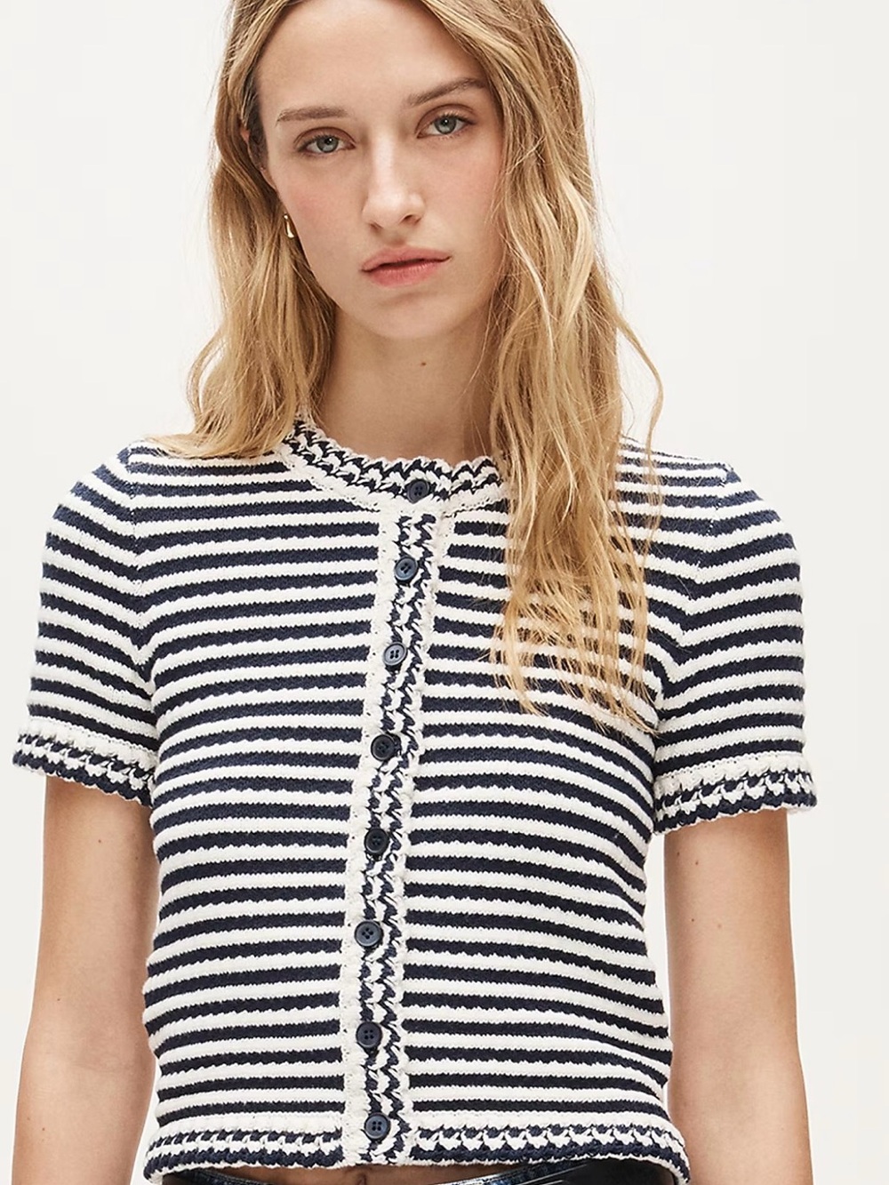 NWT J.CREW Navy White Striped Knit Button Front Cardigan Sweater XS $98